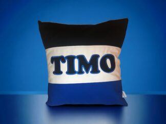 Namenskissen schwarz weiss blau mit Applikation