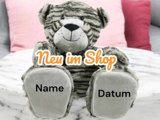Kuscheltier mit Name und Motiv bestickt auf beiden