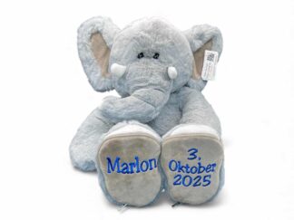 Kuscheltier Elefant mit Namen und Geburtstag bestickt von Stickfinchen