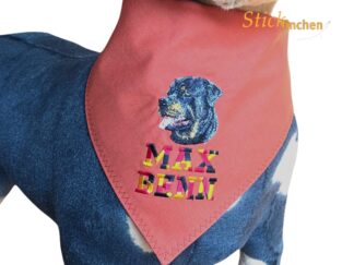Hundehalstuch terrakotta mit Namen und Motiv bestickt von Stickfinchen