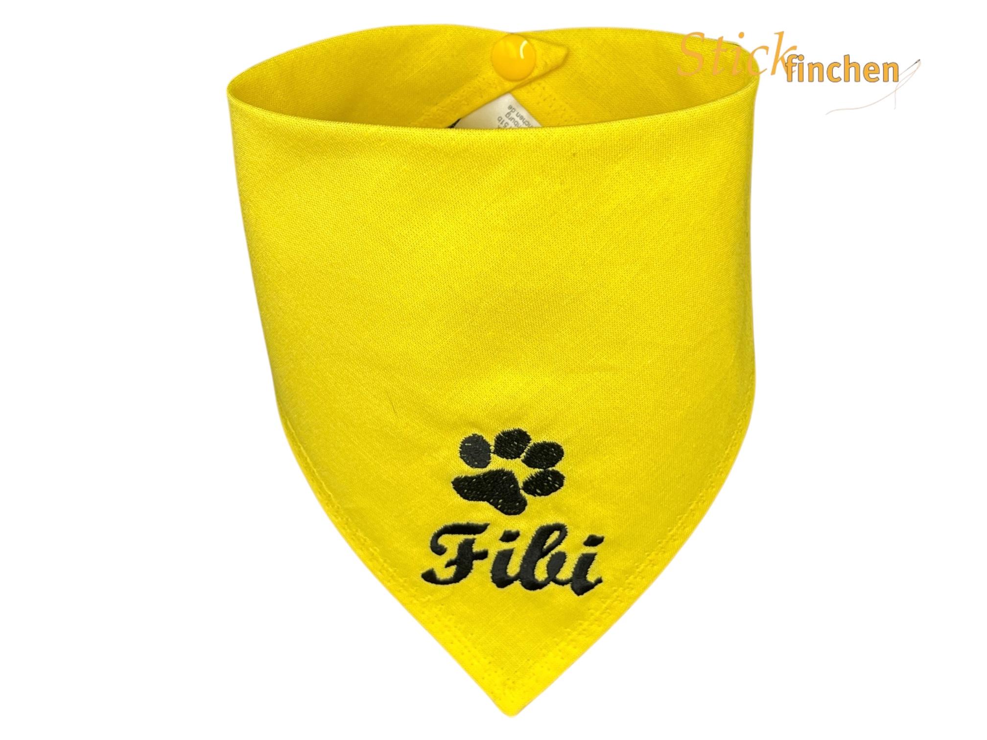 Hundehalstuch gelb 2 Hund trägt Halstuch mit Namen und Motiv bestickt - handgemacht von Stickfinchen