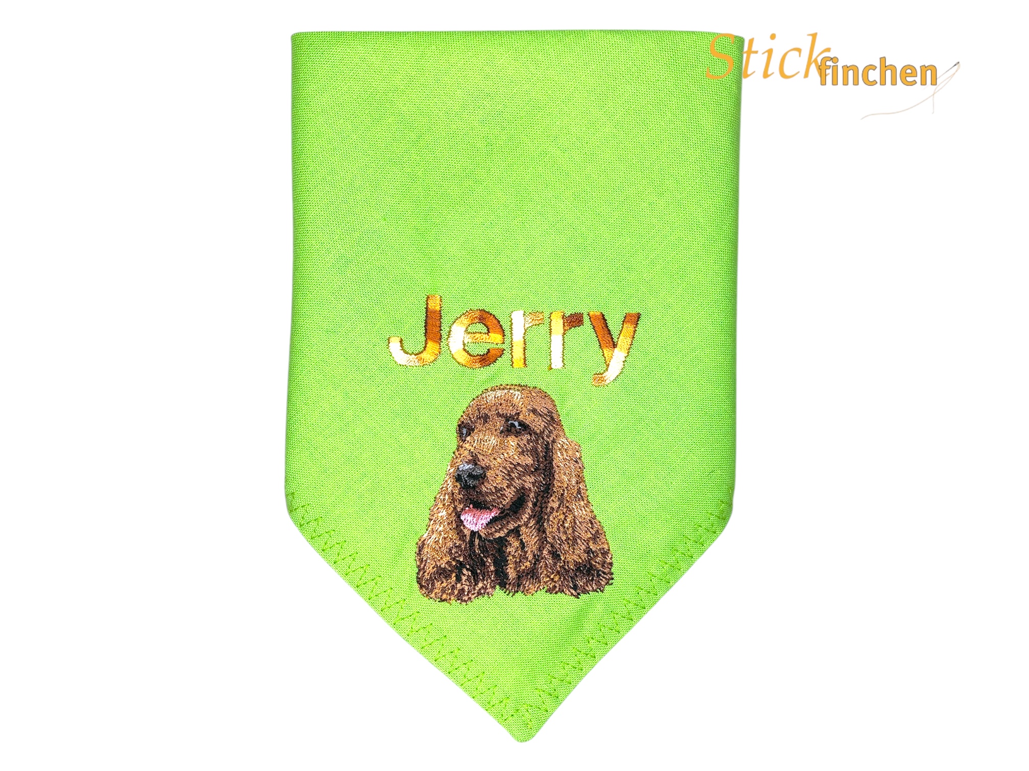Hundehalstuch kiwi mit Namen und Motiv bestickt von Stickfinchen