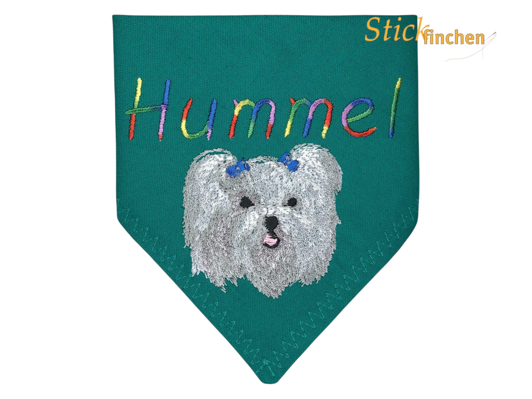 Hundehalstuch petrol mit Namen und Motiv bestickt von Stickfinchen