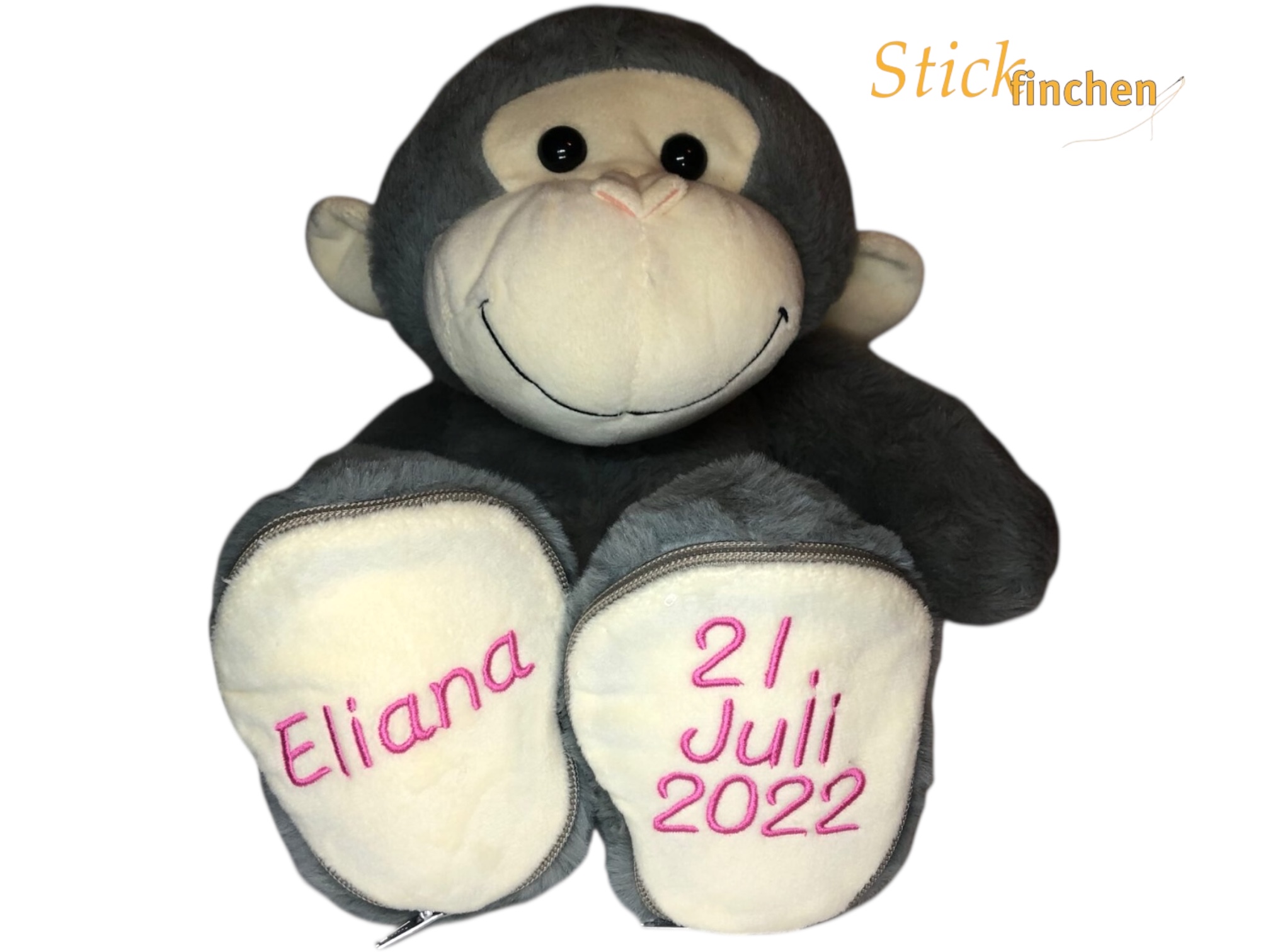 Kuscheltier Affe mit Namen und Datum bestickt von Stickfinchen