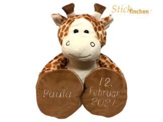 Kuscheltier Giraffe mit Namen und Datum bestickt von Stickfinchen