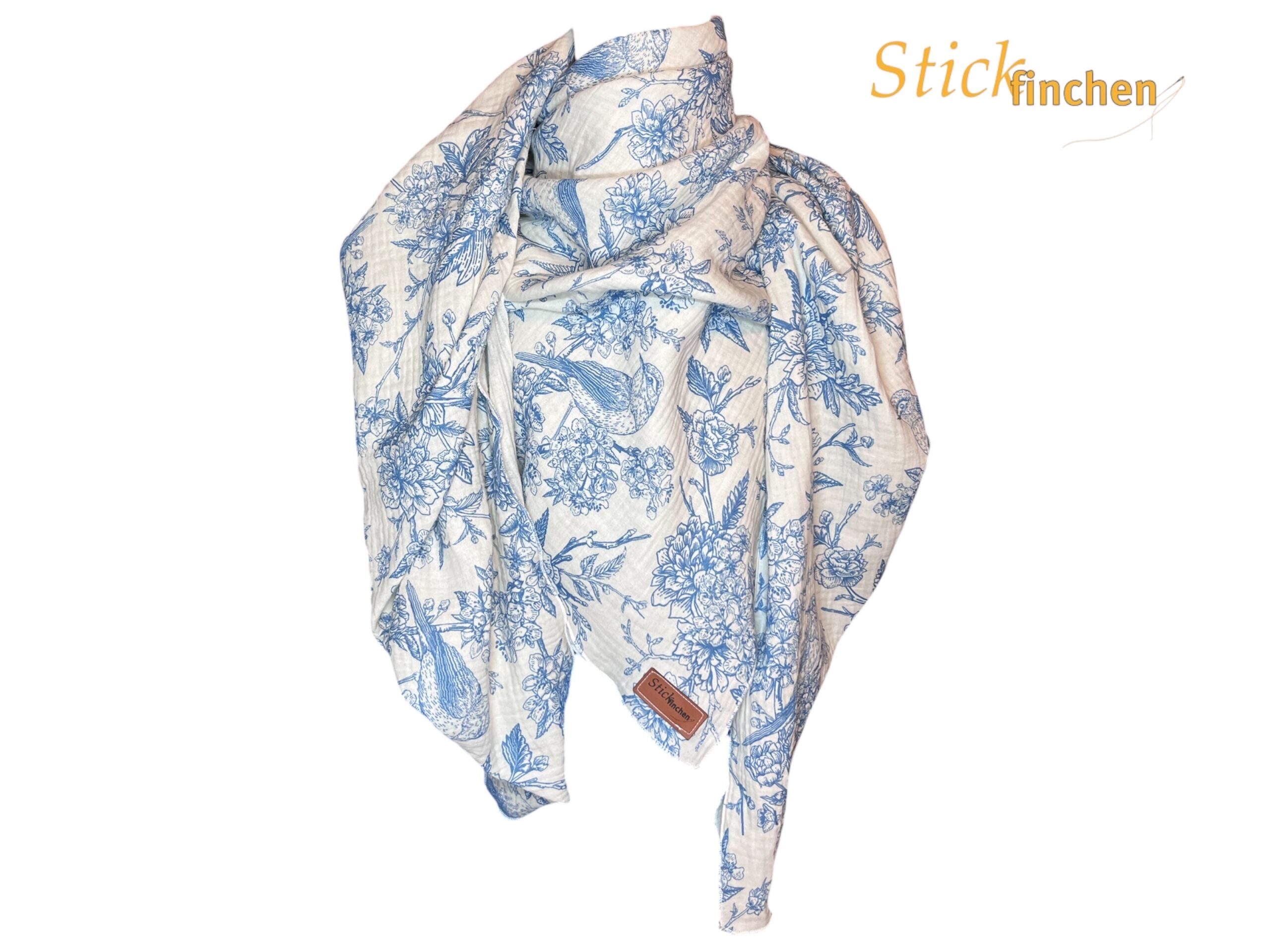 Musselintuch Frühling Blumen mit Vogel von Stickfinchen in 2 verschiedenen Größen