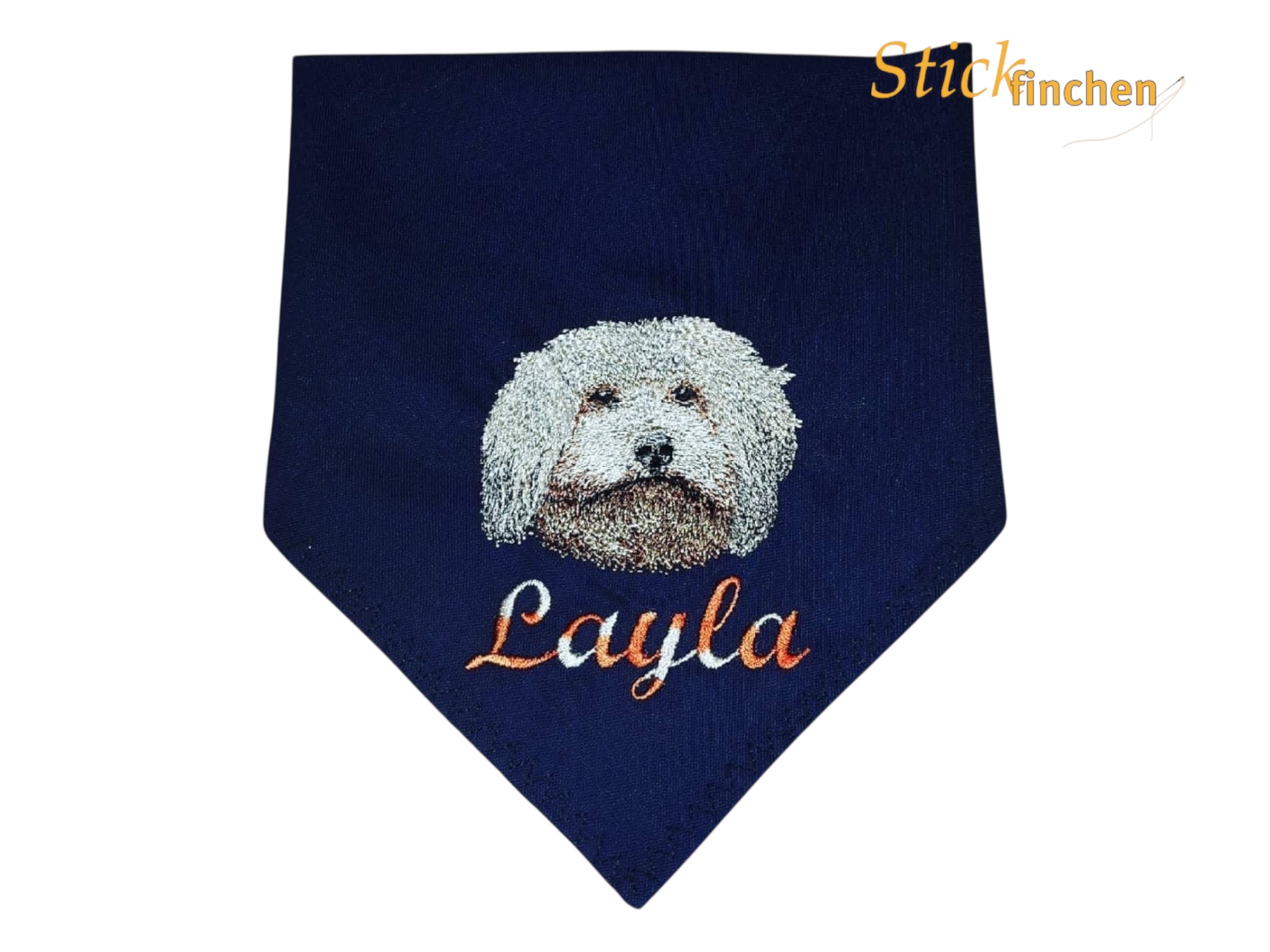 Hundehalstuch marine mit Namen und Motiv bestickt von Stickfinchen