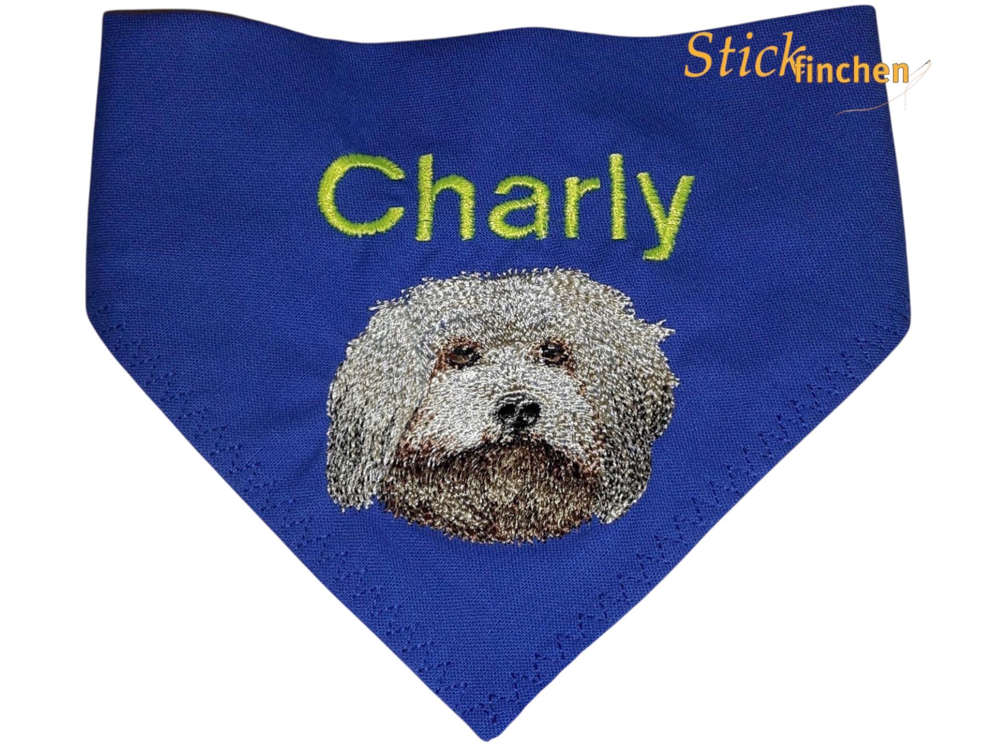 Hundehalstuch royalblau mit Namen und Motiv bestickt von Stickfinchen