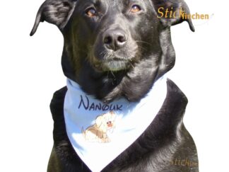 Hund trägt personalisiertes Halstuch mit gesticktem Namen und Motiv - handgefertigt von Stickfinchen
