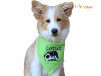 Hund trägt Halstuch mit Namen und Motiv bestickt - handgemacht von Stickfinchen