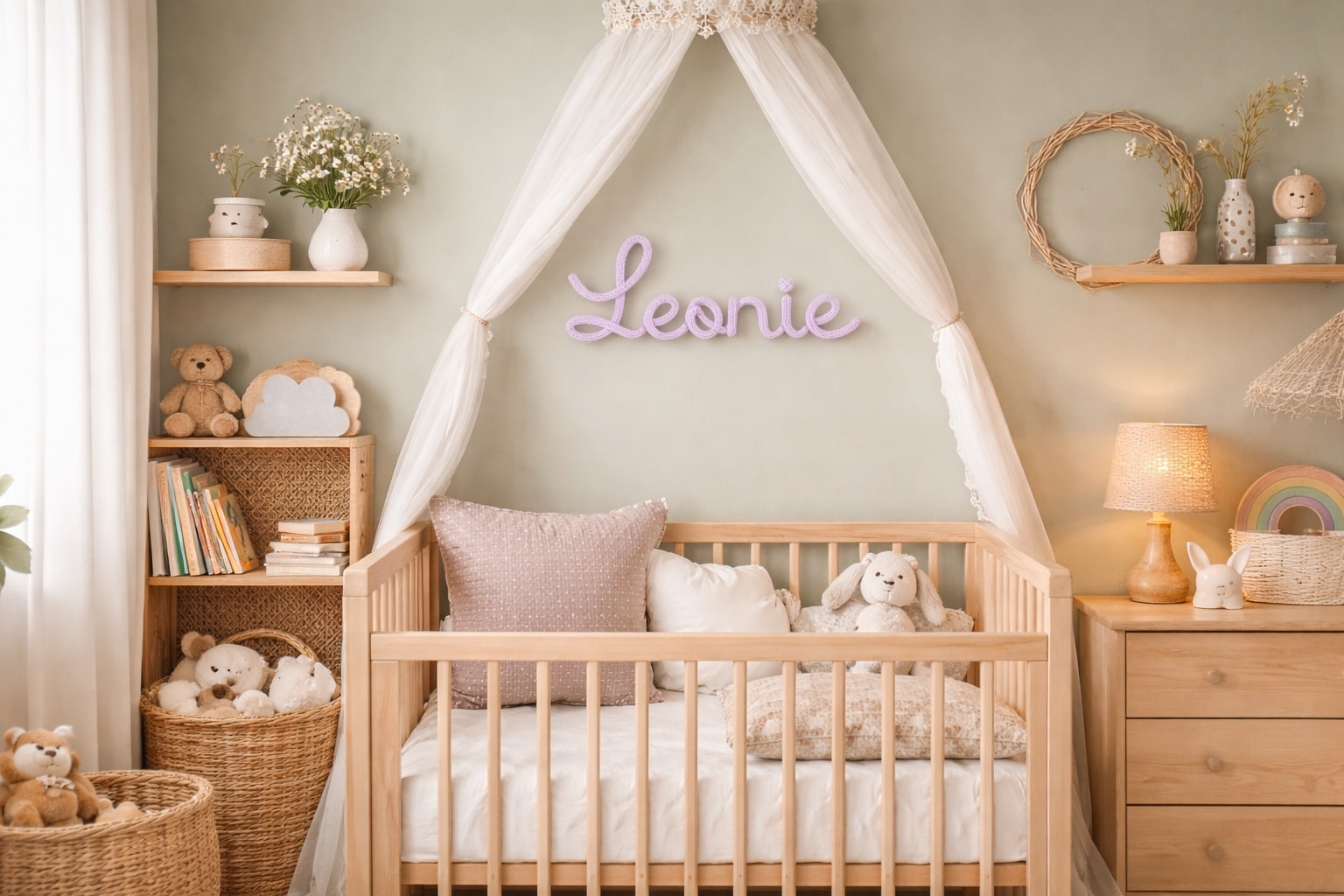 Personalisierter Drahtname als handgefertigte Wanddeko für Baby- und Kinderzimmer in verschiedenen Farben.