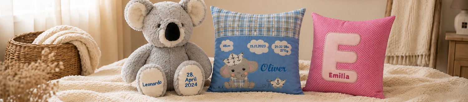 Personalisierte Kissen und Kuscheltiere für Babys und Kinder von Stickfinchen