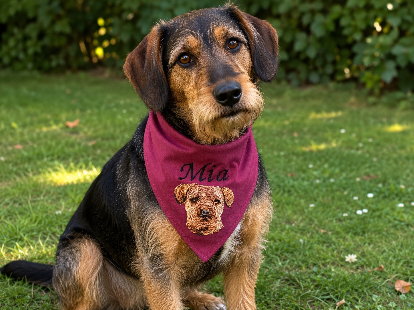 Young dog with a maroon bandana reading 'Mia' and a dog face embroidery, sitting on grass outdoors.