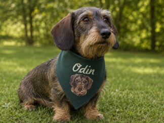 hundehalstuch mit namen und motiv in grün von stickfinchen