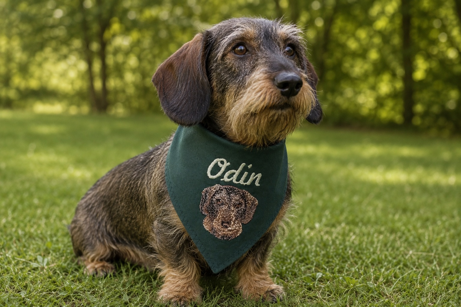 hundehalstuch mit namen und motiv in grün von stickfinchen