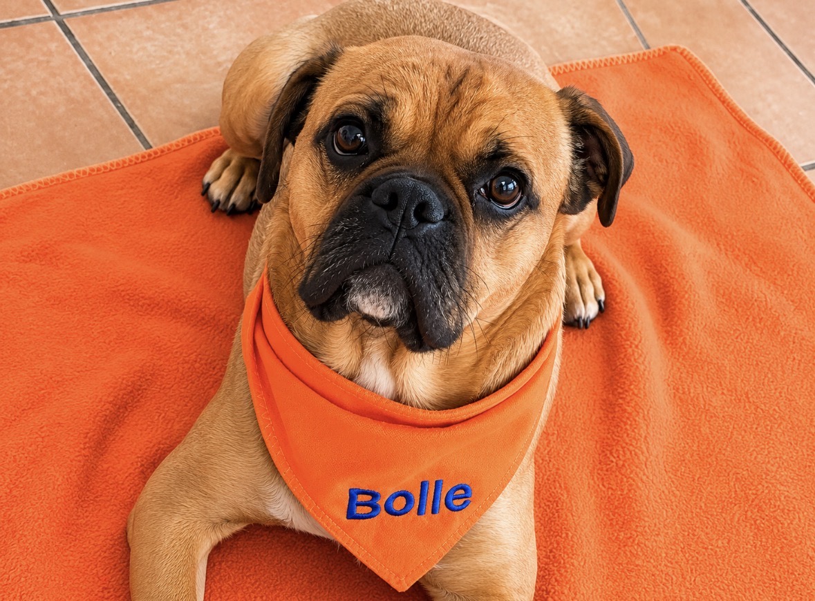 hundehalstuch mit namen bestickt in orange von stickfinchen