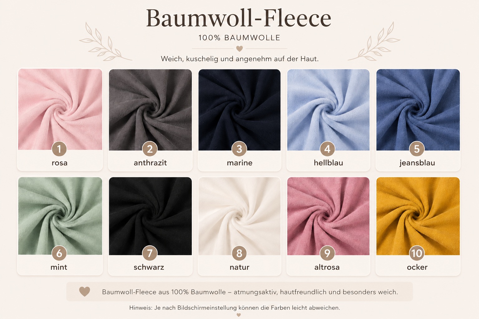 Ten soft Baumwoll-Fleece fabric swatches in a color palette (pink to yellow) labeled 1 rosa through 10 ocker, arranged in a grid for color selection.