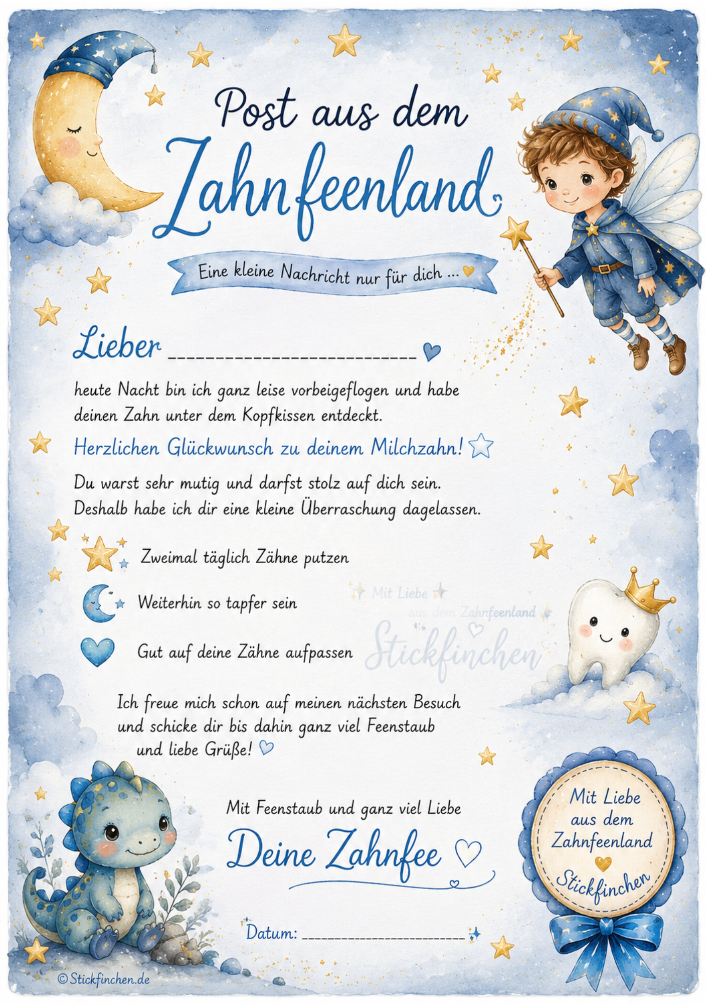 Brief der Zahnfee kostenlos für Jungen im DIN-A5-Format