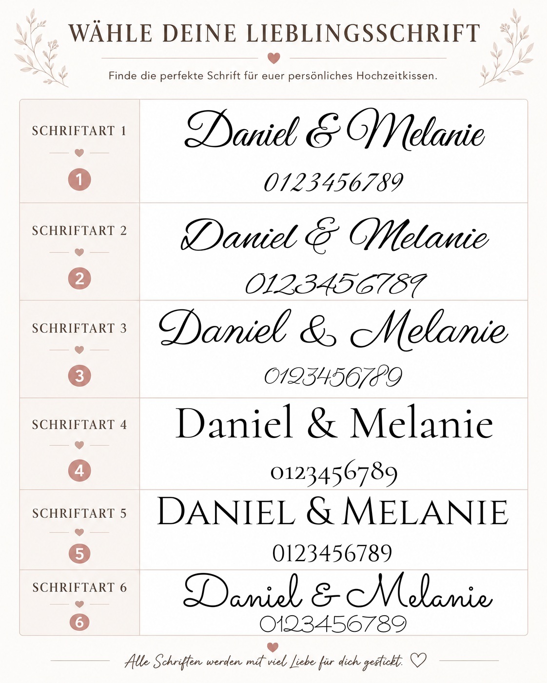 hochzeitskissen-mit-namen-schriftartenauswahl Wedding font samples: six script typefaces labeled Schriftart 1–6 with 'Daniel & Melanie' and numbers, on a cream page with decorative leaves.