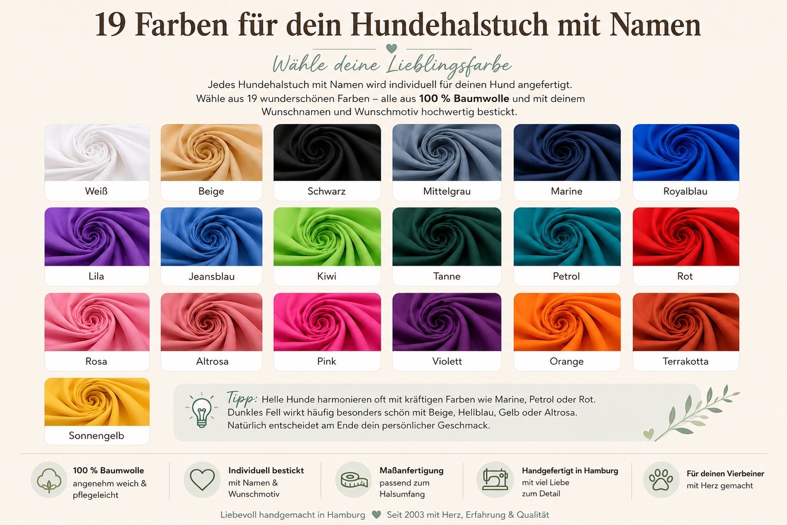 19 Baumwollfarben für personalisierte Hundehalstücher mit Namen