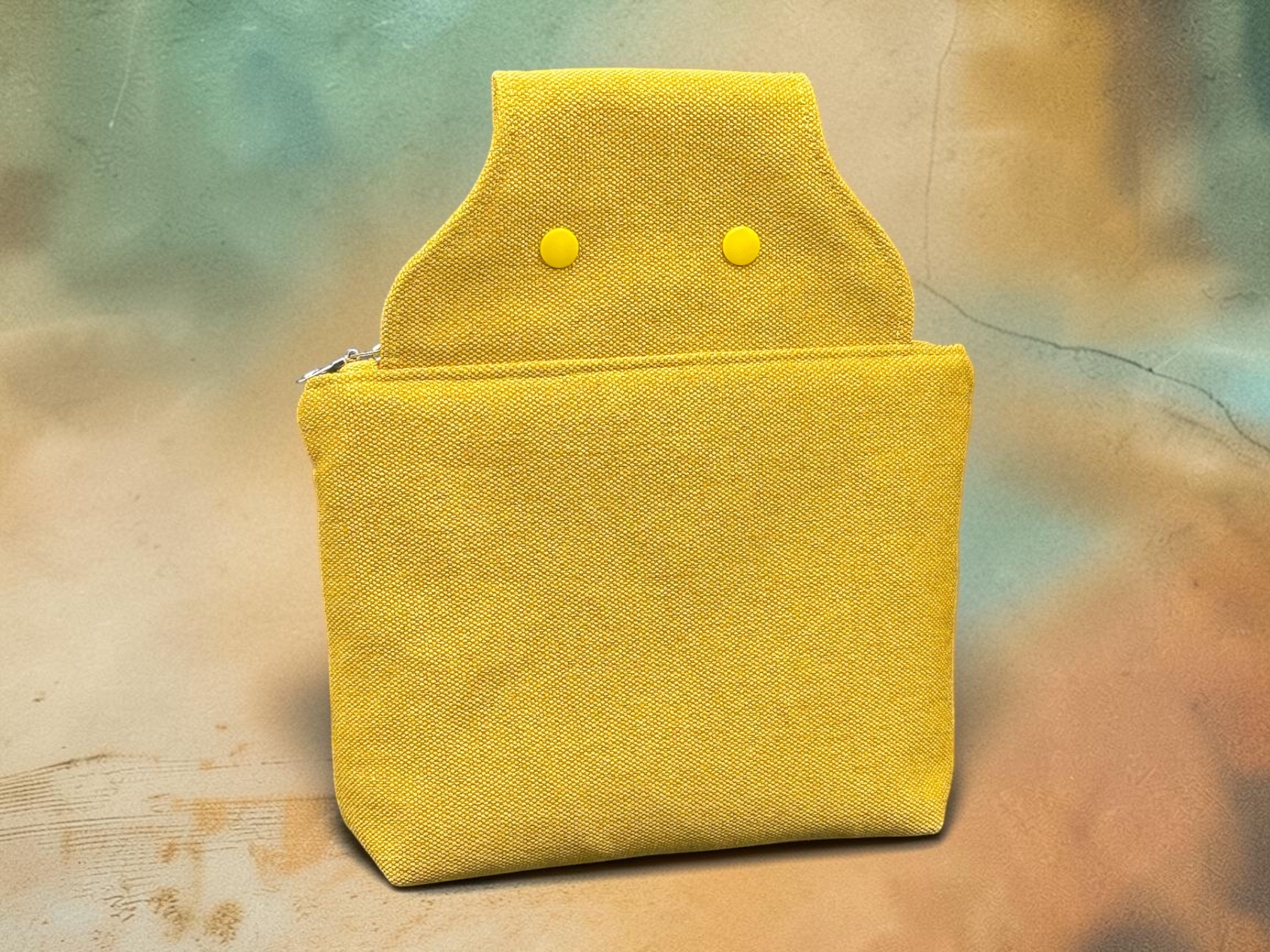 Yellow fabric pouch with two yellow snaps and a side zipper, set against a textured rainbow-tinted background.