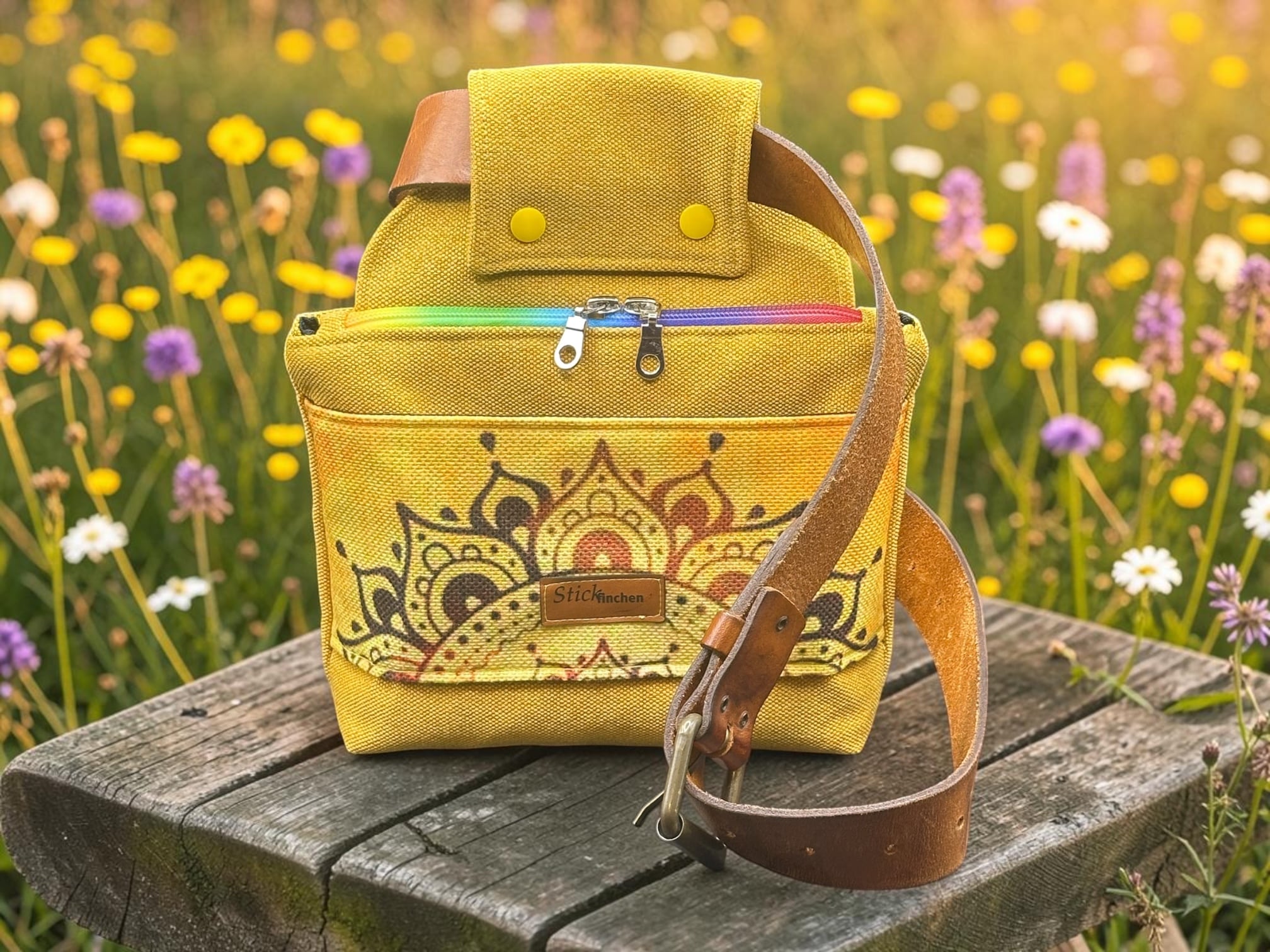 Yellow backpack with brown strap on a weathered wooden bench in a sunny field of wildflowers.