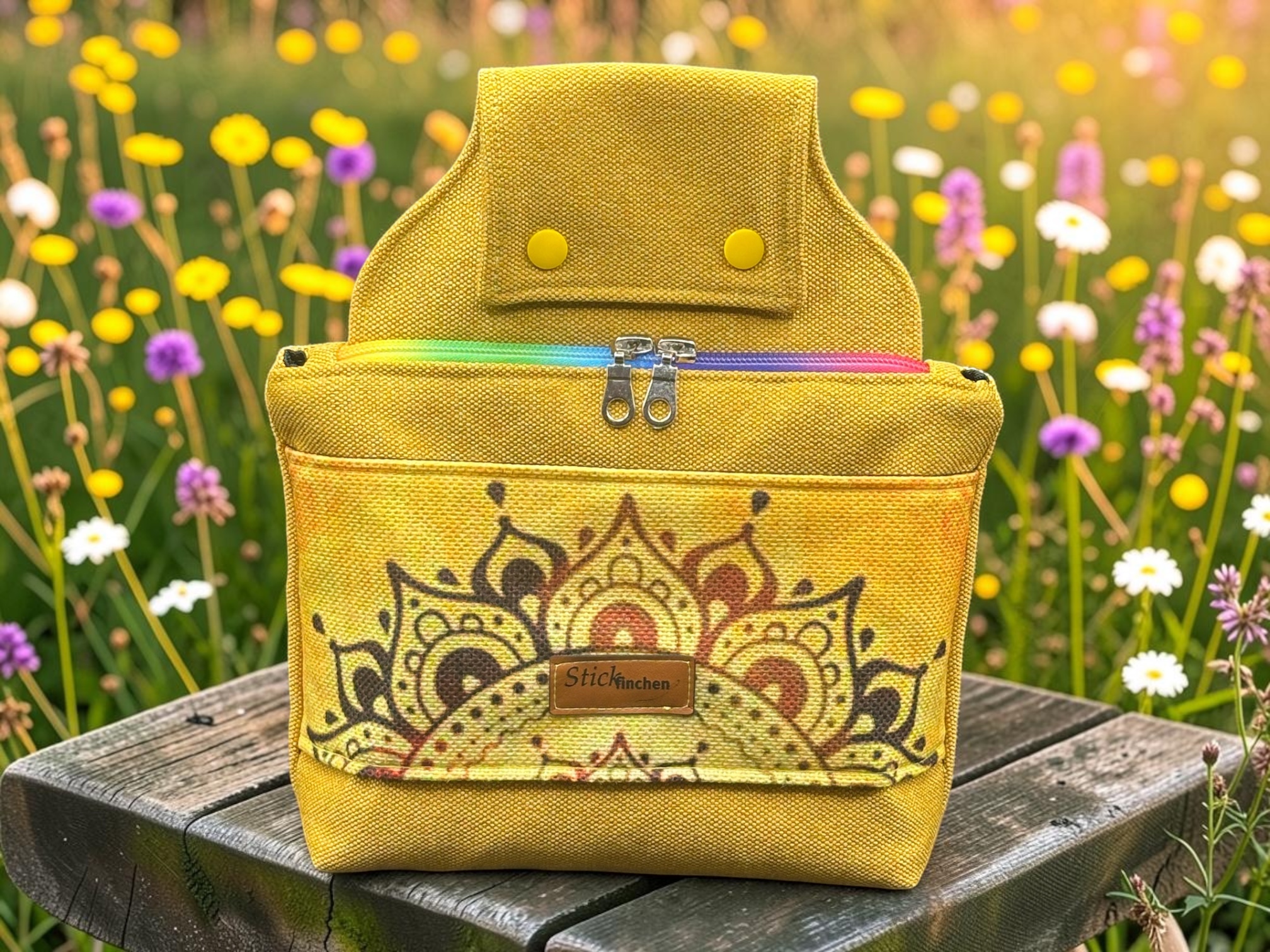 Yellow backpack with a decorative mandala pattern sits on a weathered wooden bench in a field of yellow and white flowers.