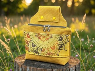 Yellow patterned backpack resting on a tree stump in a sunlit field.