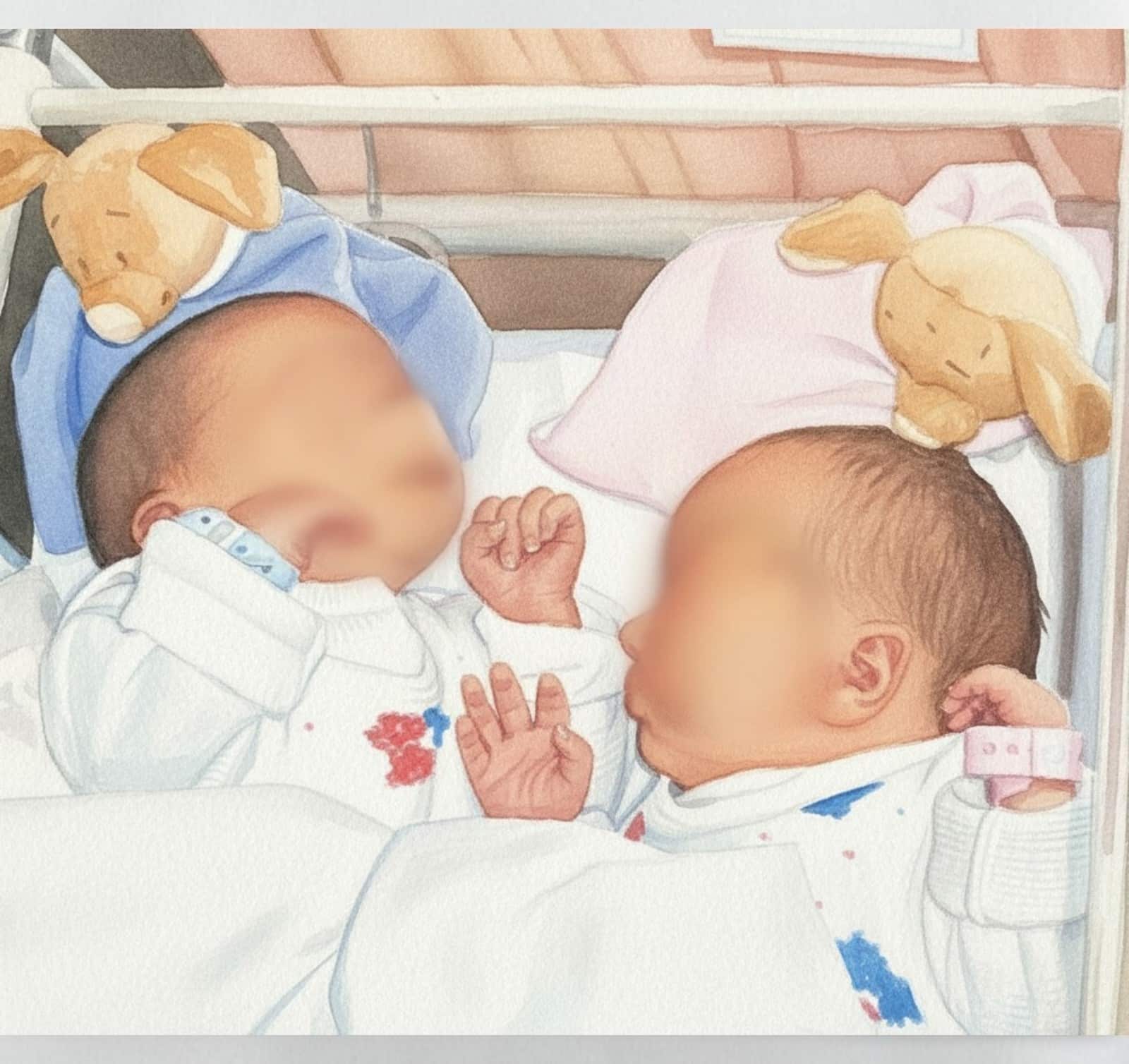 Illustration von zwei Neugeborenen mit ihren ersten Schnuffeltieren