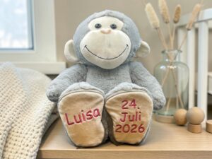 Soft gray plush monkey with a beige face, sitting on a shelf, with embroidered 'Luisa Juli 2026' on its feet.