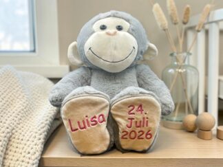 Soft gray plush monkey with a beige face, sitting on a shelf, with embroidered 'Luisa Juli 2026' on its feet.